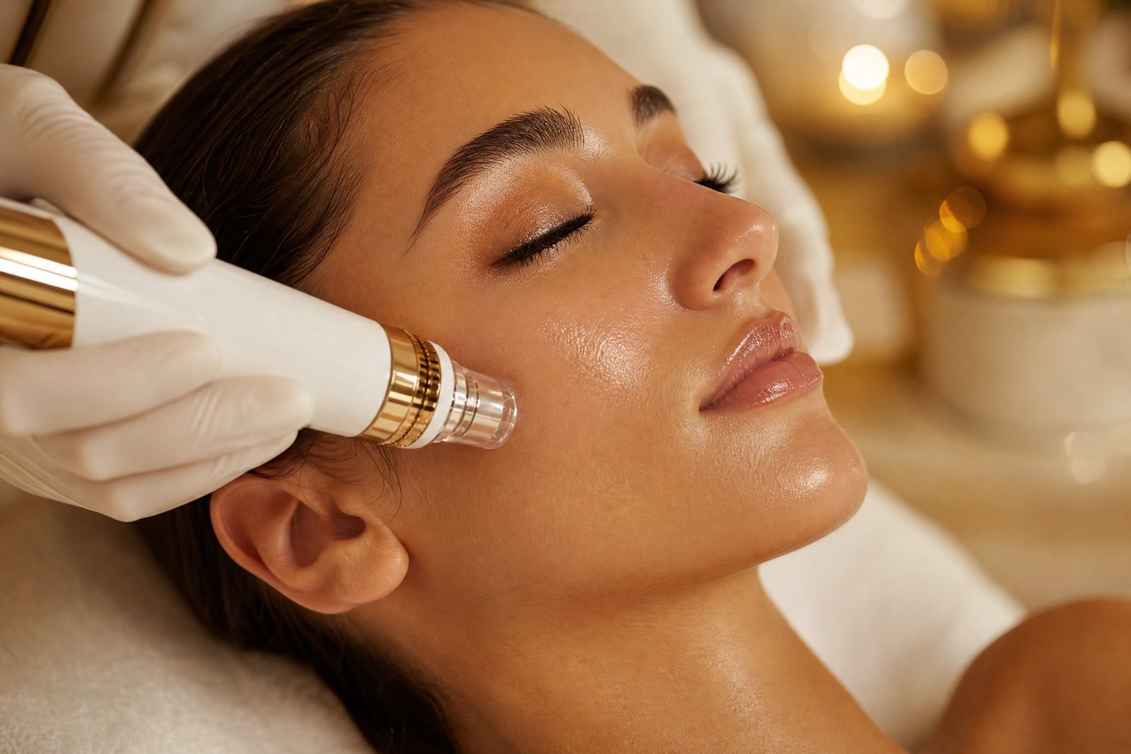 HydraFacial handpiece being applied to a client's cheek